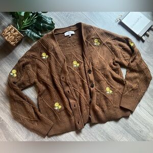 Ally Mae Brown Knit Floral Embroidered Tank Top & Cardigan Set. Size L NWOT!